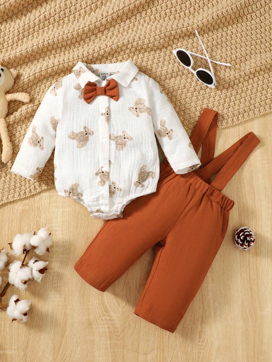 SHEIN 嬰兒男孩熊印花蝴蝶結前衣身+吊帶褲 - 彩色 - 查看 1