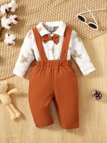 SHEIN 嬰兒男孩熊印花蝴蝶結前衣身+吊帶褲 - 彩色 - 查看 3