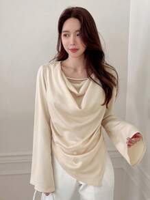 DAZY Draped Collar Asymmetrical Hem Blouse - Apricot - View 1