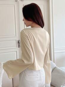 DAZY Draped Collar Asymmetrical Hem Blouse - Apricot - View 2