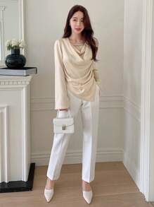 DAZY Draped Collar Asymmetrical Hem Blouse - Apricot - View 3