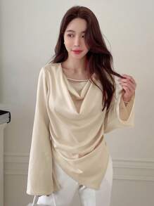 DAZY Draped Collar Asymmetrical Hem Blouse - Apricot - View 4