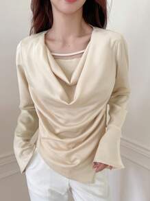 DAZY Draped Collar Asymmetrical Hem Blouse - Apricot - View 5