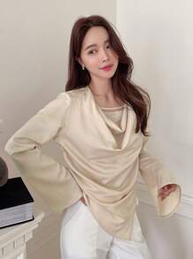 DAZY Draped Collar Asymmetrical Hem Blouse - Apricot - View 6