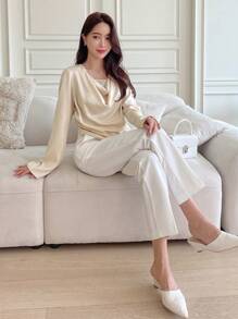 DAZY Draped Collar Asymmetrical Hem Blouse - Apricot - View 7