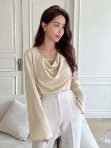 DAZY Draped Collar Asymmetrical Hem Blouse - Apricot - View 8