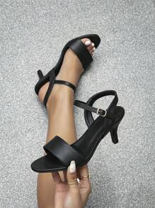 优雅黑色女士凉鞋，简约缝线细节锥形跟踝带凉鞋，情人节礼物，猫跟鞋