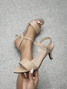 優雅杏色女式涼鞋，極簡縫線細節錐形高跟踝帶涼鞋 - 杏色 - 查看 1