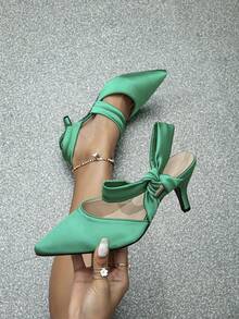 Glamorous Green Pumps For Women, Bow Decor Point Toe Cone Heeled Satin Slingback Pumps - Mint Green - View 1