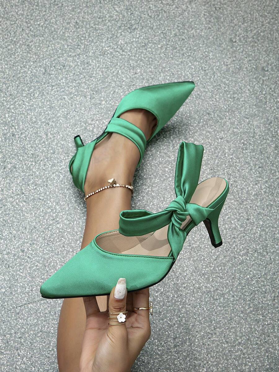 Glamorous Green Pumps For Women, Bow Decor Point Toe Cone Heeled Satin Slingback Pumps - Mint Green - View 1