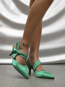 Glamorous Green Pumps For Women, Bow Decor Point Toe Cone Heeled Satin Slingback Pumps - Mint Green - View 3
