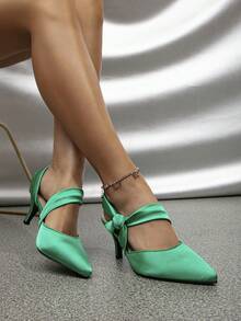 Glamorous Green Pumps For Women, Bow Decor Point Toe Cone Heeled Satin Slingback Pumps - Mint Green - View 4