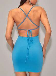 SHEIN BAE Crisscross Backless Butterfly Rhinestone Bodycon Dress - Blue - View 2