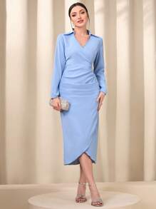 Modelyn Solid Ruched Wrap Hem Dress - Blue - View 3