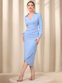 Modelyn Solid Ruched Wrap Hem Dress - Blue - View 6