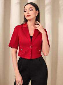 Mulvari Lapel Neck Flap Detail Crop Blazer - Red - View 1