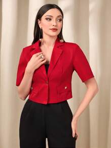 Mulvari Lapel Neck Flap Detail Crop Blazer - Red - View 3