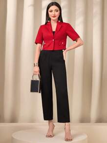 Mulvari Lapel Neck Flap Detail Crop Blazer - Red - View 5