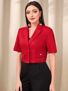 Mulvari Lapel Neck Flap Detail Crop Blazer - Red - View 6