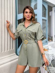 SHEIN Privé 翻蓋口袋捲邊袖腰帶襯衫連體短褲 - 軍綠色 - 查看 4