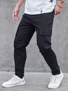 Manfinity Nam Nắp Túi Bên Hông Quần Jeans Slim Fit Dài Giặt Dark Jean Trơn Đen Đô Thị Bạn Bè Thường Ngày - màu đen - Xem 1