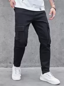 Manfinity Nam Nắp Túi Bên Hông Quần Jeans Slim Fit Dài Giặt Dark Jean Trơn Đen Đô Thị Bạn Bè Thường Ngày - màu đen - Xem 3