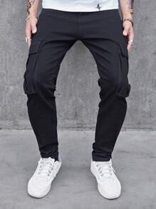 Manfinity Nam Nắp Túi Bên Hông Quần Jeans Slim Fit Dài Giặt Dark Jean Trơn Đen Đô Thị Bạn Bè Thường Ngày - màu đen - Xem 4