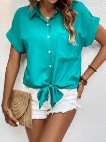 SHEIN LUNE 蝙蝠袖下擺打結口袋貼布襯衫 - 青碧色 - 查看 1