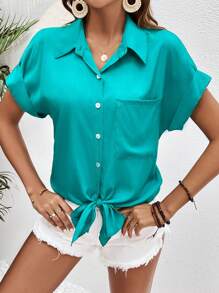 SHEIN LUNE 蝙蝠袖下擺打結口袋貼布襯衫 - 青碧色 - 查看 3