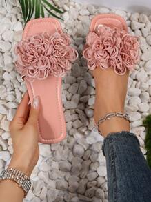 Sandalias planas elegantes y suaves de estilo francés para mujer, para uso en exteriores, nuevas sandalias de verano con tira floral y punta abierta - Rosa - Ver 1