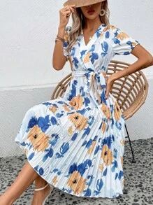 Breezaya Floral Print Pleated Hem Belted Dress - Multicolor - View 3