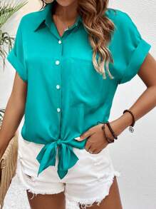 SHEIN LUNE 蝙蝠袖下擺打結口袋貼布襯衫 - 青碧色 - 查看 4