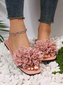 Sandalias planas elegantes y suaves de estilo francés para mujer, para uso en exteriores, nuevas sandalias de verano con tira floral y punta abierta - Rosa - Ver 2
