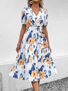 Breezaya Floral Print Pleated Hem Belted Dress - Multicolor - View 4