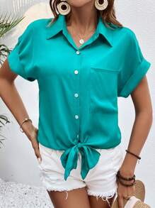 SHEIN LUNE 蝙蝠袖下擺打結口袋貼布襯衫 - 青碧色 - 查看 6