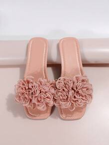 Sandalias planas elegantes y suaves de estilo francés para mujer, para uso en exteriores, nuevas sandalias de verano con tira floral y punta abierta - Rosa - Ver 3