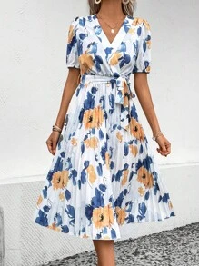 Breezaya Floral Print Pleated Hem Belted Dress - Multicolor - View 5
