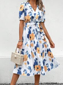 Breezaya Floral Print Pleated Hem Belted Dress - Multicolor - View 1