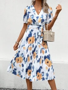 Breezaya Floral Print Pleated Hem Belted Dress - Multicolor - View 6