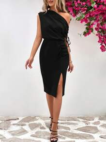 SHEIN Privé Đầm Tách cao Dây kéo màu trơn Giải trí - màu đen - Xem 1