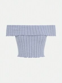 SHEIN Chicas adolescentes Camiseta crop de hombros descubiertos doblado tejido de canalé - Celeste - Ver 1