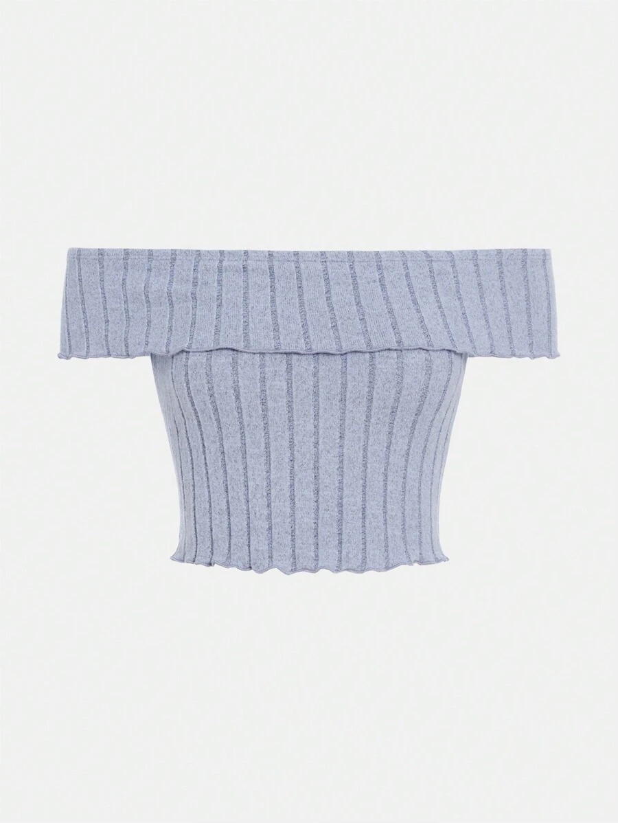 SHEIN Chicas adolescentes Camiseta crop de hombros descubiertos doblado tejido de canalé - Celeste - Ver 1