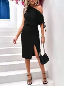 SHEIN Privé Đầm Tách cao Dây kéo màu trơn Giải trí - màu đen - Xem 6