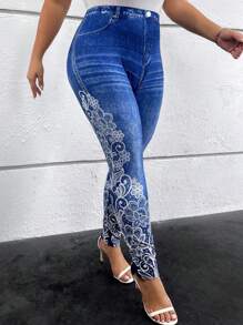 SHEIN Clasi Quần legging phối denim và họa tiết hoa, kiểu dáng thanh lịch, đa năng, thích hợp mặc thường ngày vào mùa hè, quần legging phối ren tương phản denim dành cho nữ cỡ lớn, quần legging cạp cao ôm bụng, thích hợp mặc mùa xuân/hè. - Màu xanh lam - Xem 2