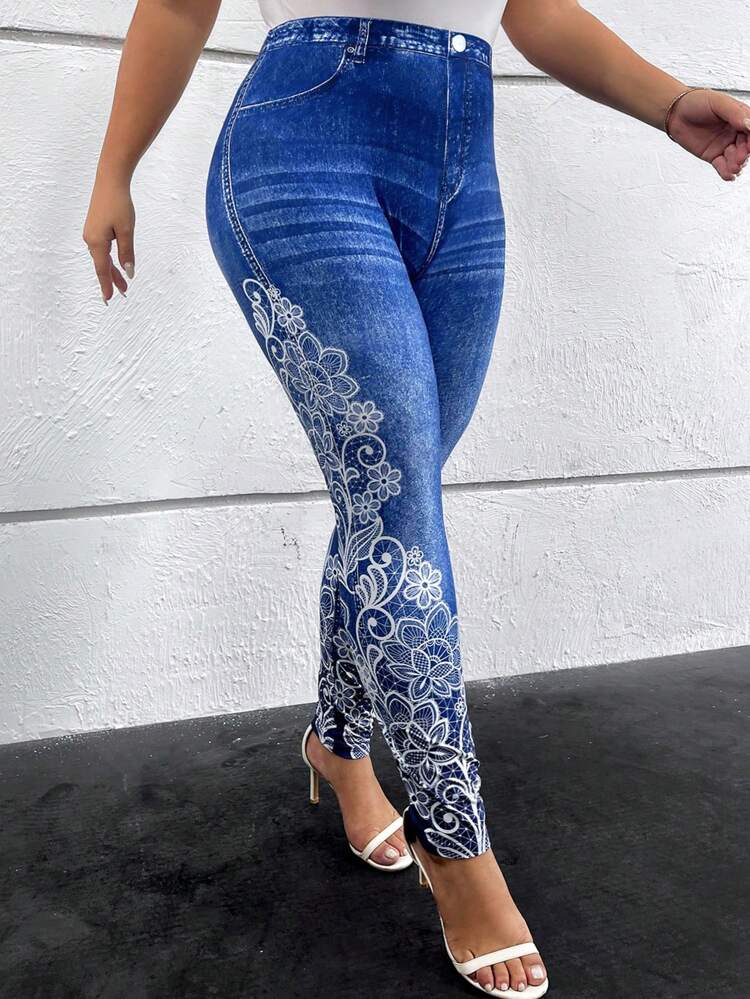 Plus Denim-Effect & Floral Print Leggings Elegant Versatile Casual Wear Leggings For Summer, Plus Size Women Contrast Lace Denim Effect Leggings, High-Waisted Tummy Control Leggings Spring/Summer