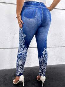 SHEIN Clasi Quần legging phối denim và họa tiết hoa, kiểu dáng thanh lịch, đa năng, thích hợp mặc thường ngày vào mùa hè, quần legging phối ren tương phản denim dành cho nữ cỡ lớn, quần legging cạp cao ôm bụng, thích hợp mặc mùa xuân/hè. - Màu xanh lam - Xem 3