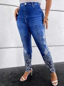 SHEIN Clasi Quần legging phối denim và họa tiết hoa, kiểu dáng thanh lịch, đa năng, thích hợp mặc thường ngày vào mùa hè, quần legging phối ren tương phản denim dành cho nữ cỡ lớn, quần legging cạp cao ôm bụng, thích hợp mặc mùa xuân/hè. - Màu xanh lam - Xem 5