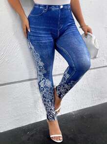 SHEIN Clasi Quần legging phối denim và họa tiết hoa, kiểu dáng thanh lịch, đa năng, thích hợp mặc thường ngày vào mùa hè, quần legging phối ren tương phản denim dành cho nữ cỡ lớn, quần legging cạp cao ôm bụng, thích hợp mặc mùa xuân/hè. - Màu xanh lam - Xem 6