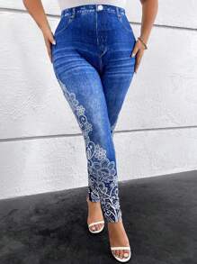 SHEIN Clasi Quần legging phối denim và họa tiết hoa, kiểu dáng thanh lịch, đa năng, thích hợp mặc thường ngày vào mùa hè, quần legging phối ren tương phản denim dành cho nữ cỡ lớn, quần legging cạp cao ôm bụng, thích hợp mặc mùa xuân/hè. - Màu xanh lam - Xem 7