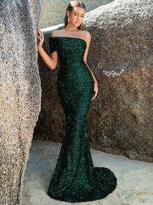 One Shoulder Floor Length Sequin Formal Dress - Green - View 3